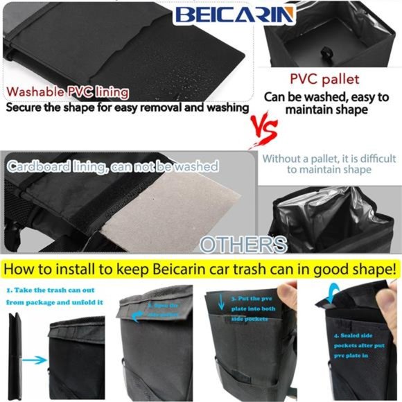 Car Trash Can with Lid - Car Trash Bag Hanging with Storage Pockets Collapsible - Picture 2 of 7